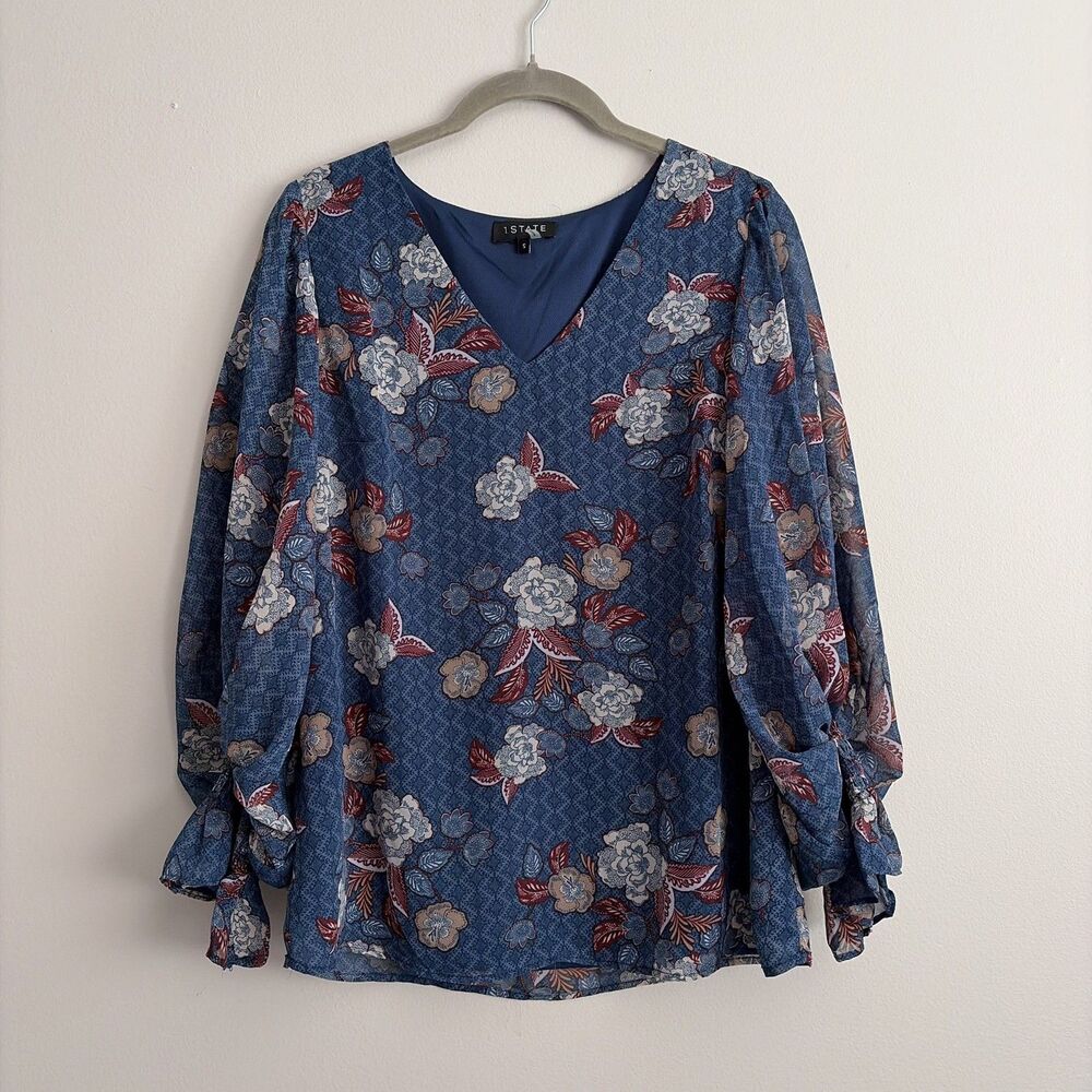 1 State Womens Blue Floral Blouse Size Small Lightweight V Neck New